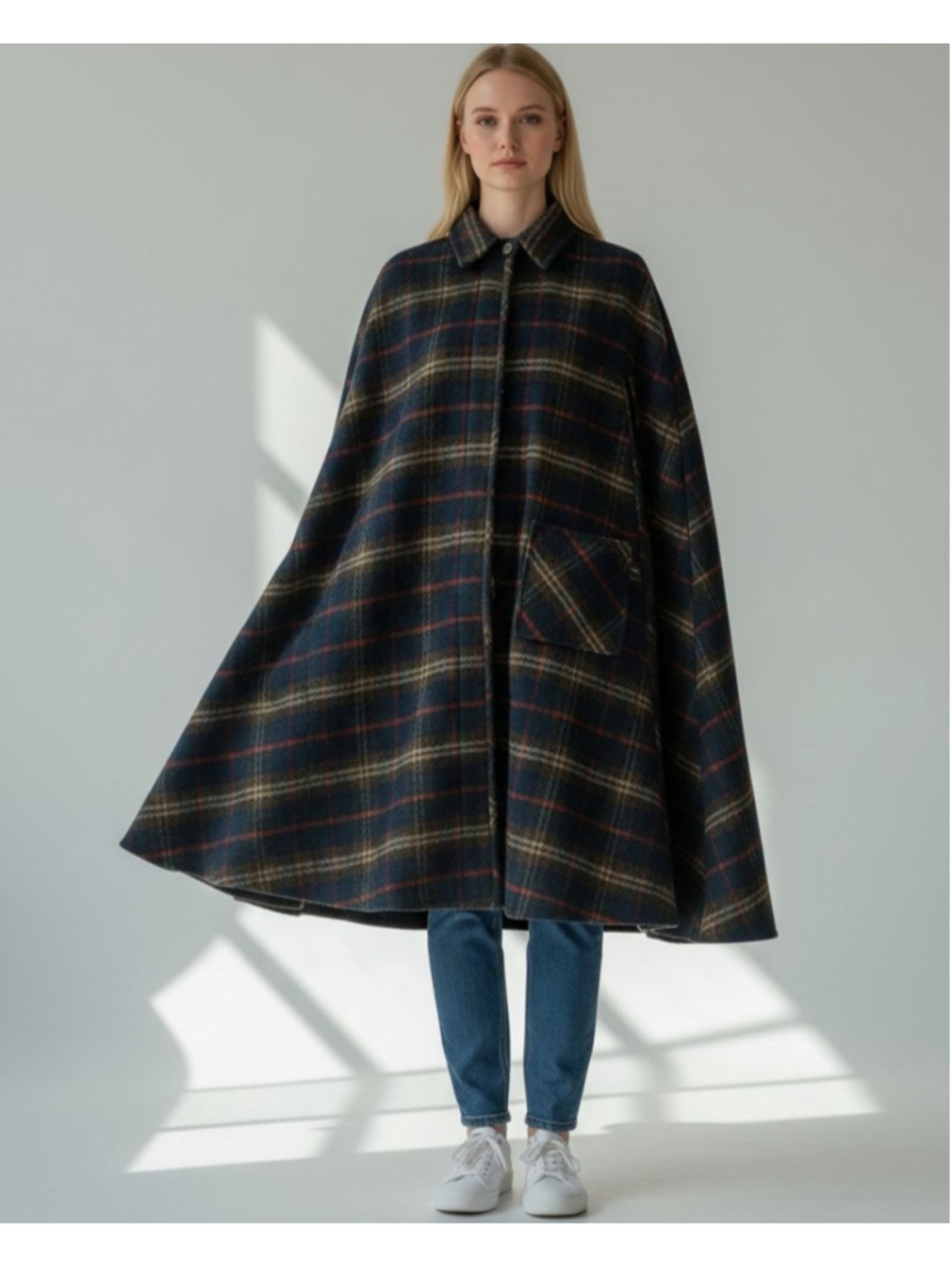 MONTALDO'S Vintage Women's Collared Wool Plaid Maxi Cape Coat Cardigan One Size